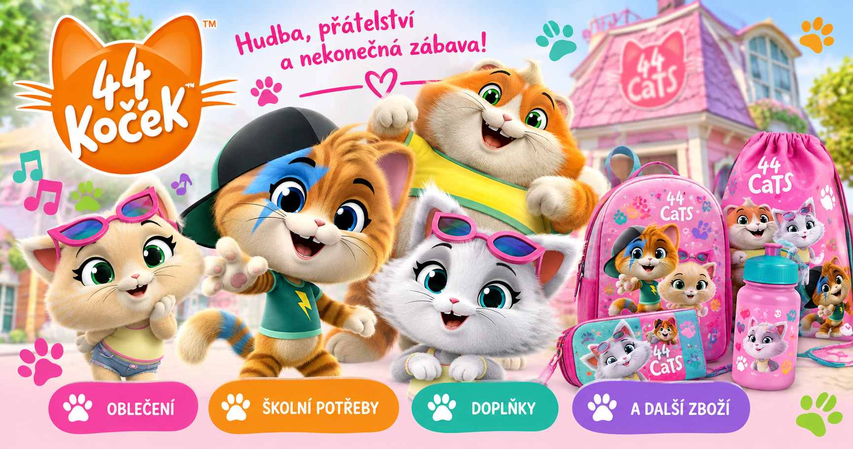 44 koček – dětské oblečení, školní potřeby a doplňky