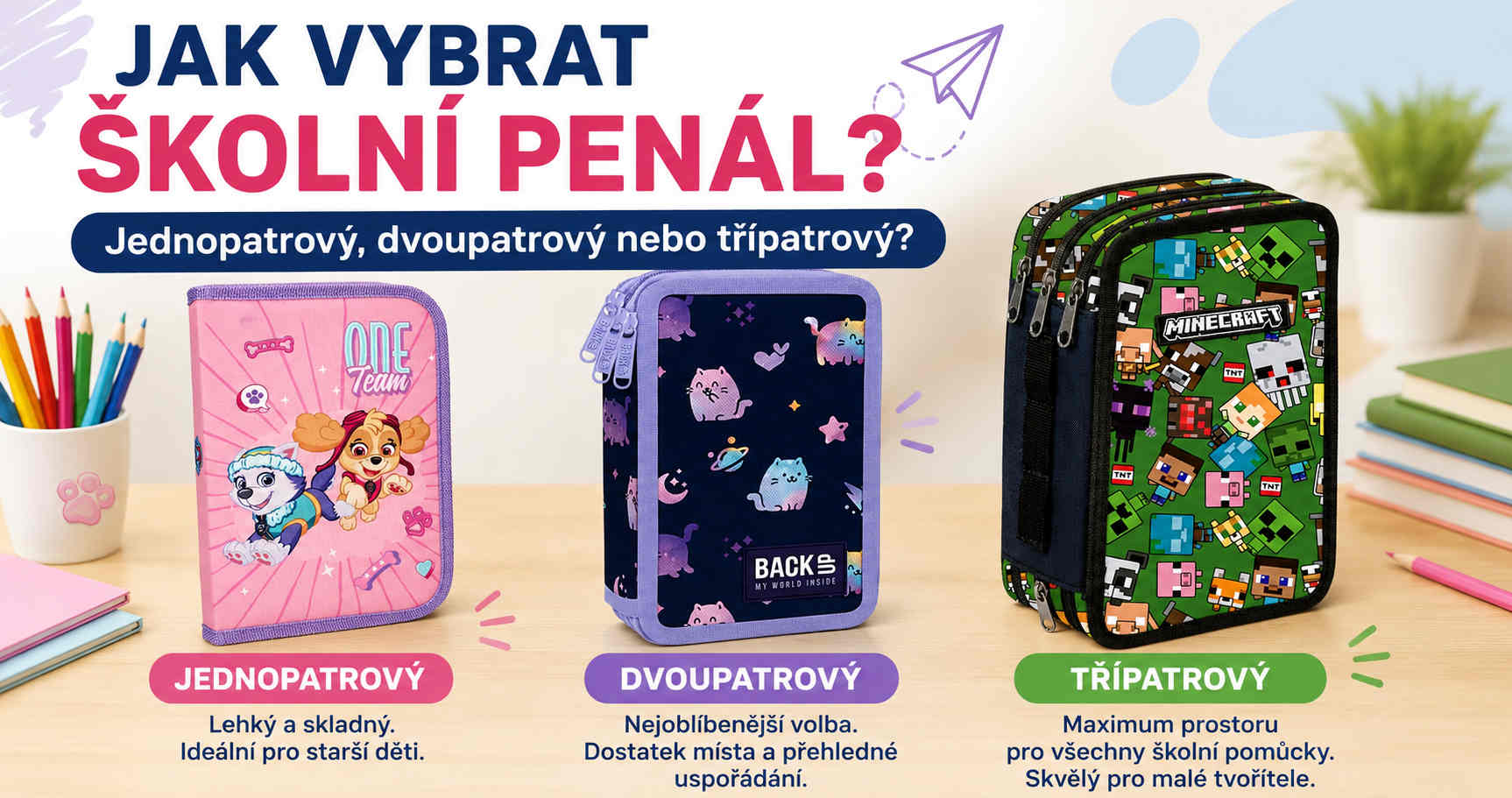 Jak vybrat školní penál? Srovnání jednopatrového, dvoupatrového a třípatrového penálu pro prvňáky i školáky.