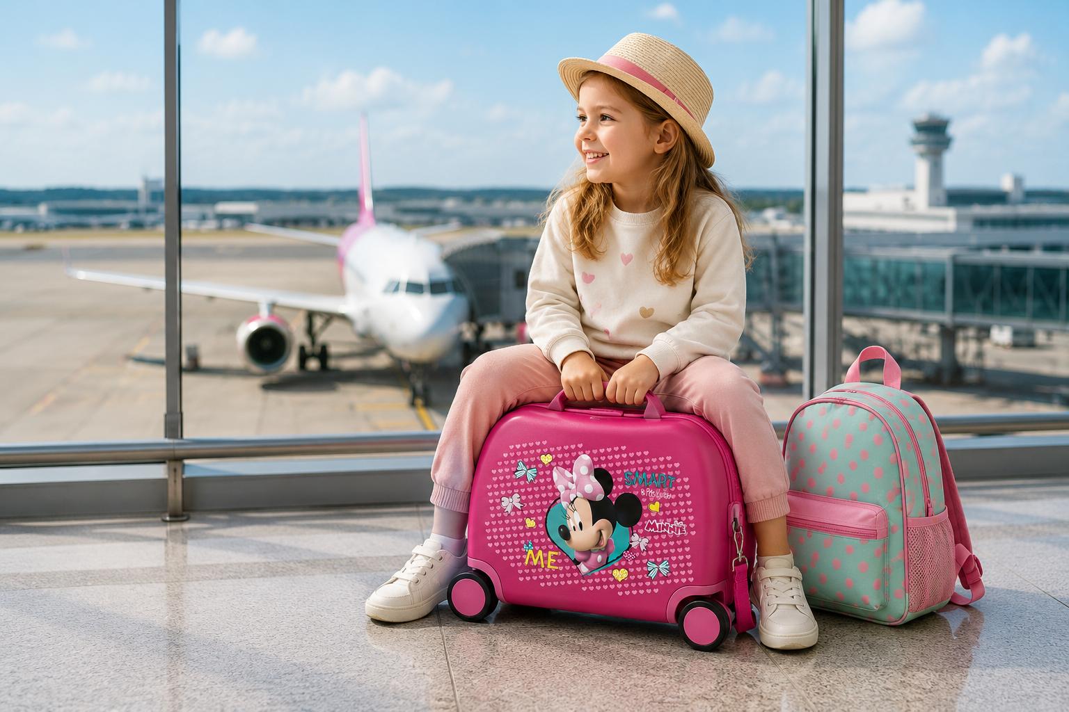 Malá holčička v klobouku sedí na růžovém dětském kufru Minnie Mouse na letišti, v pozadí letadlo