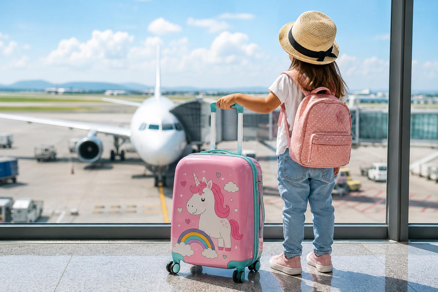 Malá holčička s růžovým batohem drží dětský kufr s jednorožcem a dívá se z okna letiště na letadlo