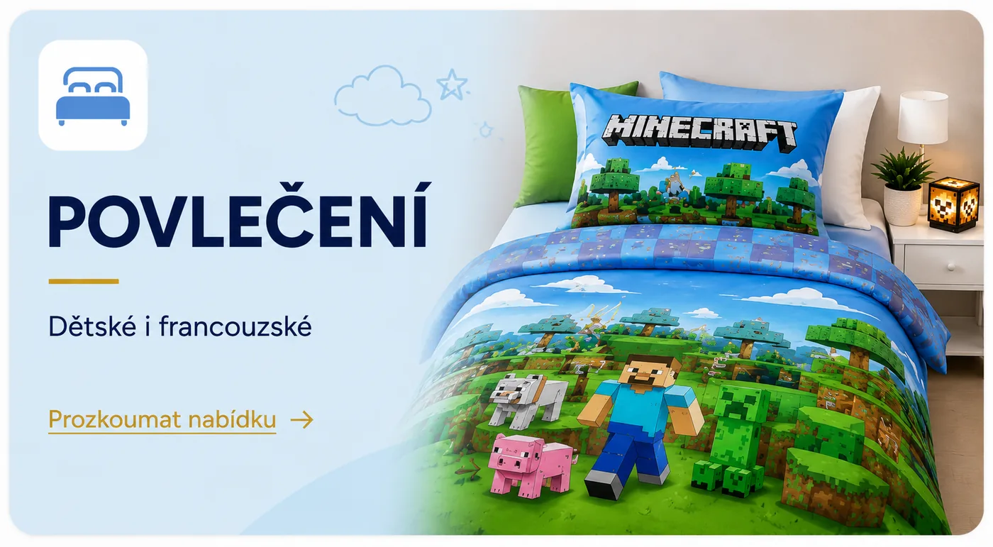 Dětské a francouzské povlečení Devonshop – licenční motivy Minecraft, Stitch, Frozen a další.