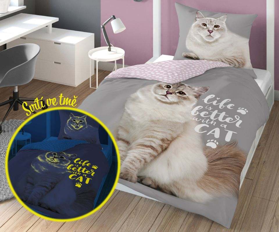 DETEXPOL Povlečení Kočka life svítící Bavlna, 140/200, 70/80 cm