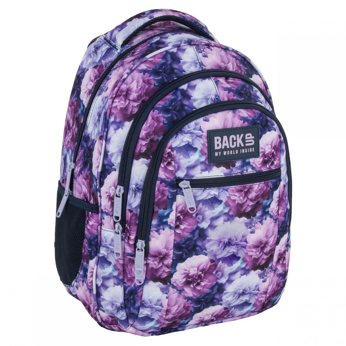 Zvýhodněný školní set BackUP Violet Flowers 3v1 – batoh 26 l, penál a vak