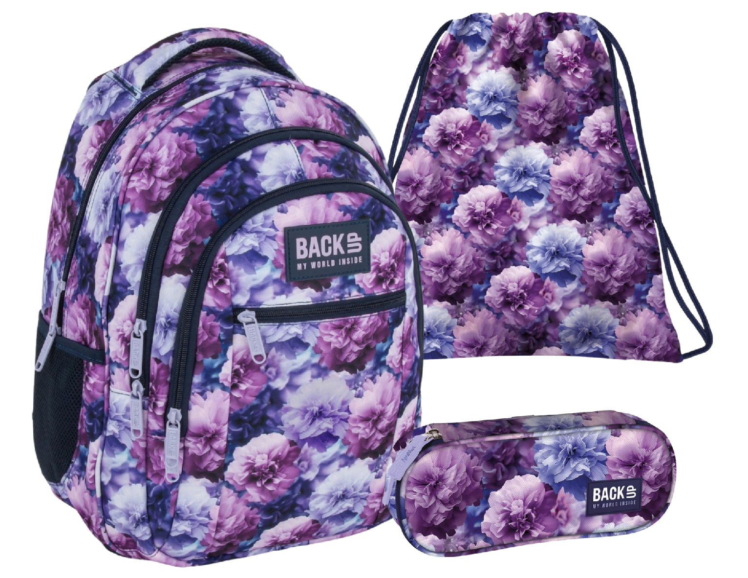 Zvýhodněný školní set BackUP Violet Flowers 3v1 – batoh 26 l, penál a vak