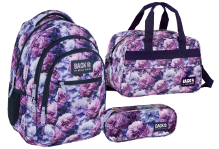 Zvýhodněný školní set BackUP Violet Bloom 3v1 – batoh 26 l, penál a sportovní taška