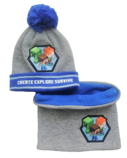 FASHION UK Čepice + nákrčník MINECRAFT modrošedá, vel. 52