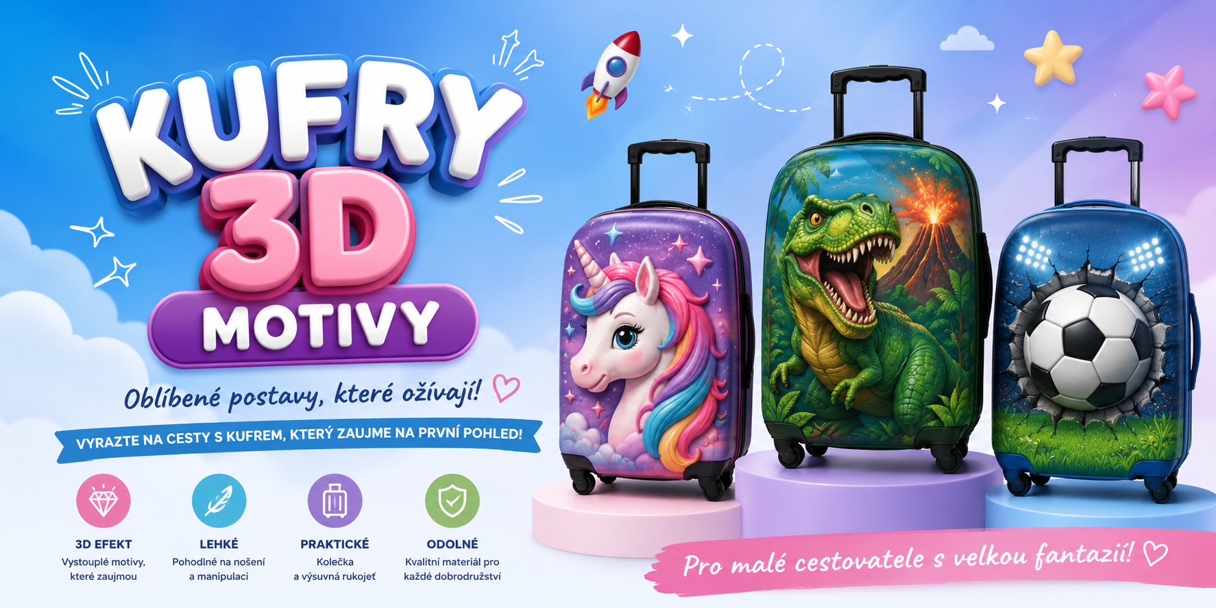 Dětské kufry s výraznými 3D motivy Stitch, Tlapková patrola, Avengers, Frozen, Spiderman, jednorožců, dinosaurů, sportovních a fantasy motivů, které zaujmou na první pohled. Lehké a odolné kufry pro děti s praktickými kolečky a výsuvnou rukojetí ideální na cestování i dobrodružné výlety.