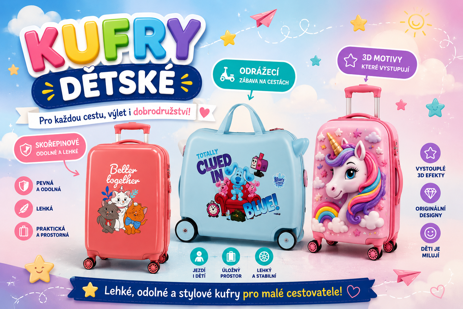 Dětské kufry v hravých designech pro malé cestovatele – skořepinové kufry, odrážecí kufry i modely s výraznými 3D motivy. Lehké, odolné a praktické kufry pro děti vhodné na dovolenou, výlety i každodenní cestování. Vhodná do letadla s oblíbenými motivy Stitch, Tlapková patrola, Mickey a Minnie, Avengers, Spiderman.