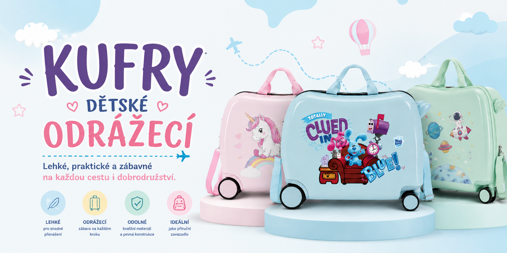 Dětské odrážecí kufry ze skořepinového materiálu v pastelových barvách s veselými motivy Stitch, Superman, Mickey a Minnie a další pohádkové postavy. Lehké, odolné a praktické kufry pro děti vhodné na cestování i jako příruční zavazadlo.