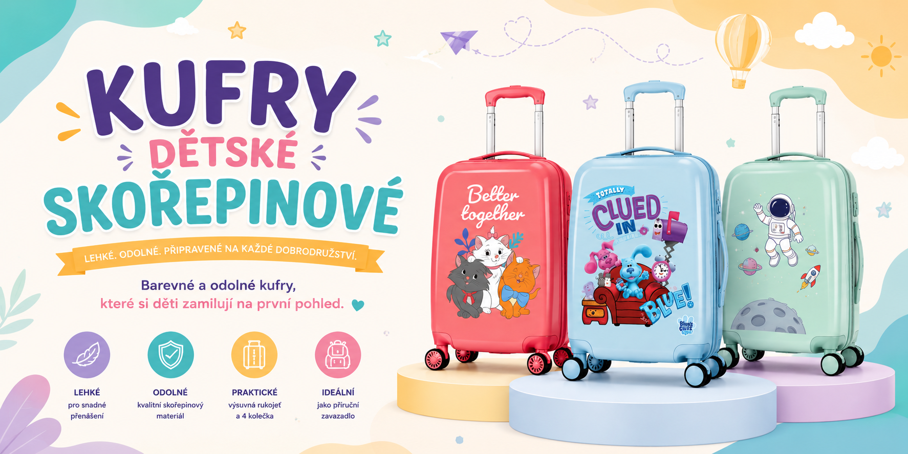 Barevné dětské skořepinové kufry s veselými motivy zvířátek, pohádkových postaviček jako Lilo a Stitch, Tlapková patrola, Spiderman, MInnie a Mickey, dinosaurů a vesmíru. Lehké a odolné kufry pro děti vhodné na dovolenou, výlety i jako příruční zavazadlo do letadla.