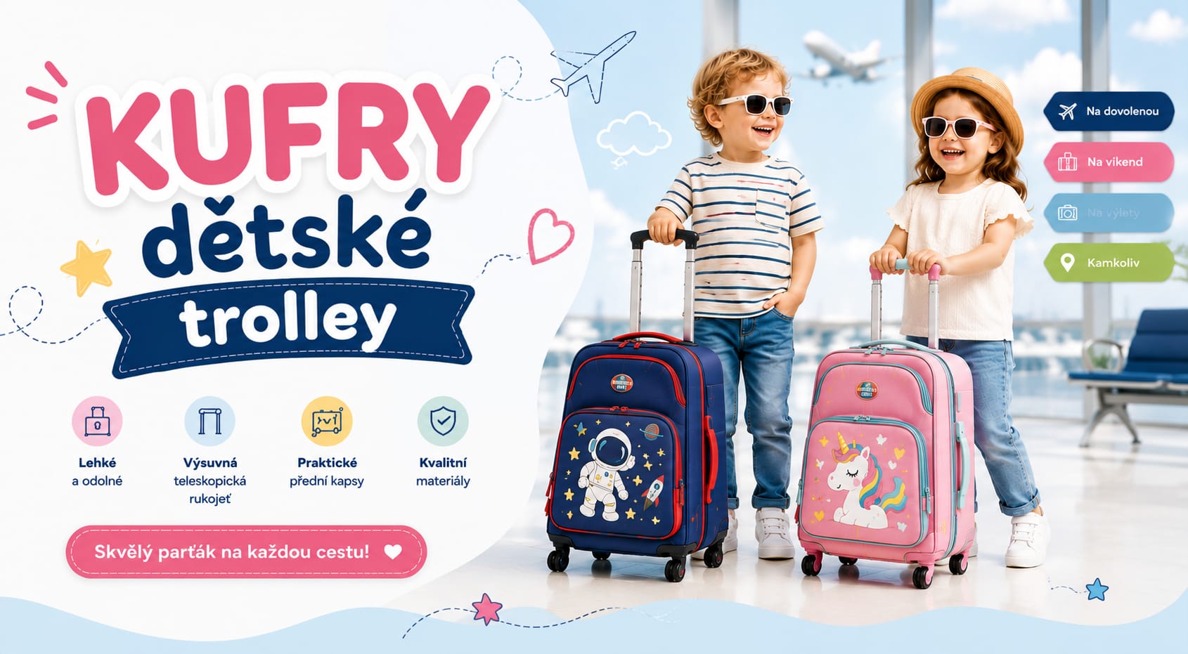 Dětské trolley kufry a batohy s kolečky a výsuvnou rukojetí pro pohodlné cestování do školy, na výlety i dovolenou. Praktické a lehké dětské kufry s veselými motivy Stitch, Tlapková patrola, MInnie a Mickey, Spideman, Minecraft umožňují snadné převážení bez námahy.