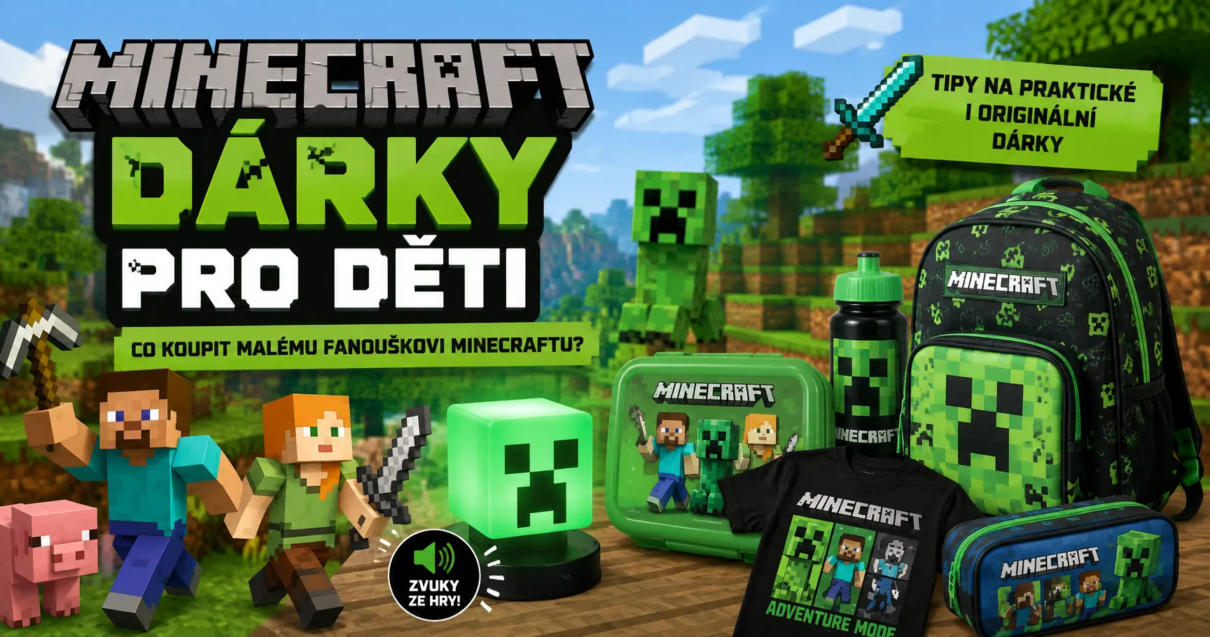 Minecraft dárky pro děti – tipy na praktické a originální dárky pro malé fanoušky Minecraftu, Creepera, Stevea a Alex, školní potřeby, svačinový box, batoh, penál, tričko a lampička Creeper.