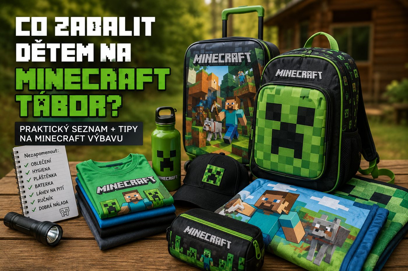 Minecraft výbava na dětský tábor – dětský kufr, batoh, láhev, oblečení a doplňky s motivy Minecraft v přírodním táborovém prostředí.