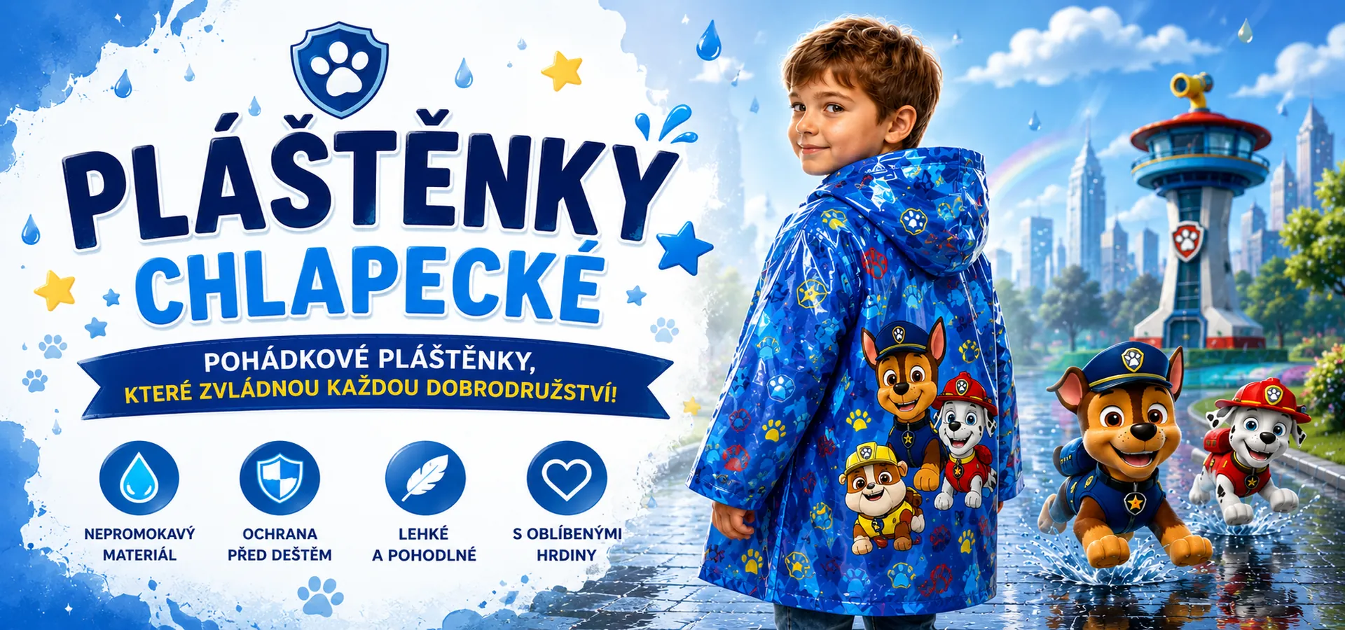 Chlapecké pláštěnky s oblíbenými pohádkovými postavičkami promění každý deštivý den v malé dobrodružství. Objevte pláštěnky Stitch, Tlapkové patroly, Mickey, Králíčka Binga, Avengers, Cars a dalších hrdinů, které si děti zamilují.