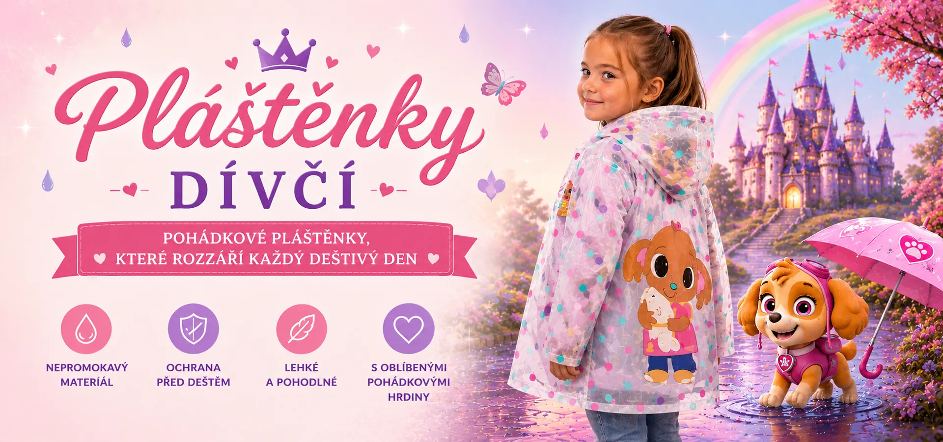 Dívčí pláštěnky s oblíbenými pohádkovými postavičkami promění každý deštivý den v malé dobrodružství. Objevte pláštěnky Stitch, Frozen, Tlapkové patroly, Minnie, Králíčka Binga, Princezen, Kouzelné berušky a dalších hrdinů, které si děti zamilují.