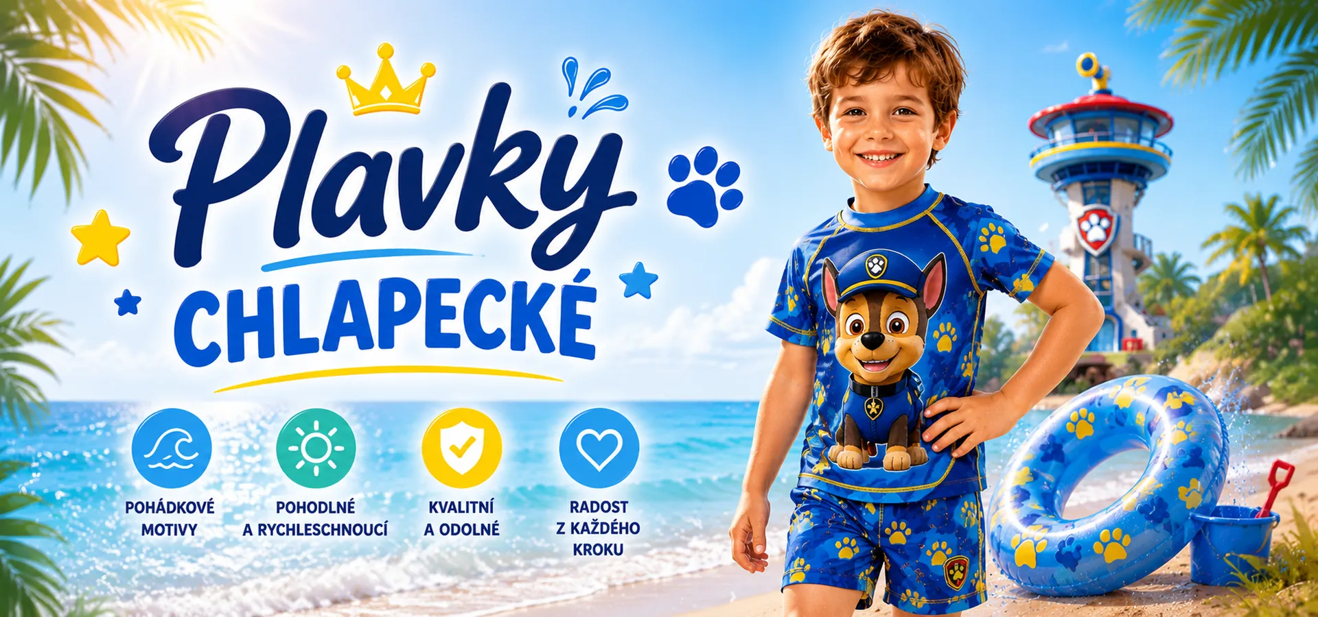 Chlapecké plavky s oblíbenými pohádkovými a herními motivy zpříjemní každé letní dobrodružství. Objevte plavky Stitch, Tlapkové patroly, Mickeyho, Cars, Mimoňů, Pokémonů a dalších hrdinů, které si kluci zamilují u moře, bazénu i na koupališti.