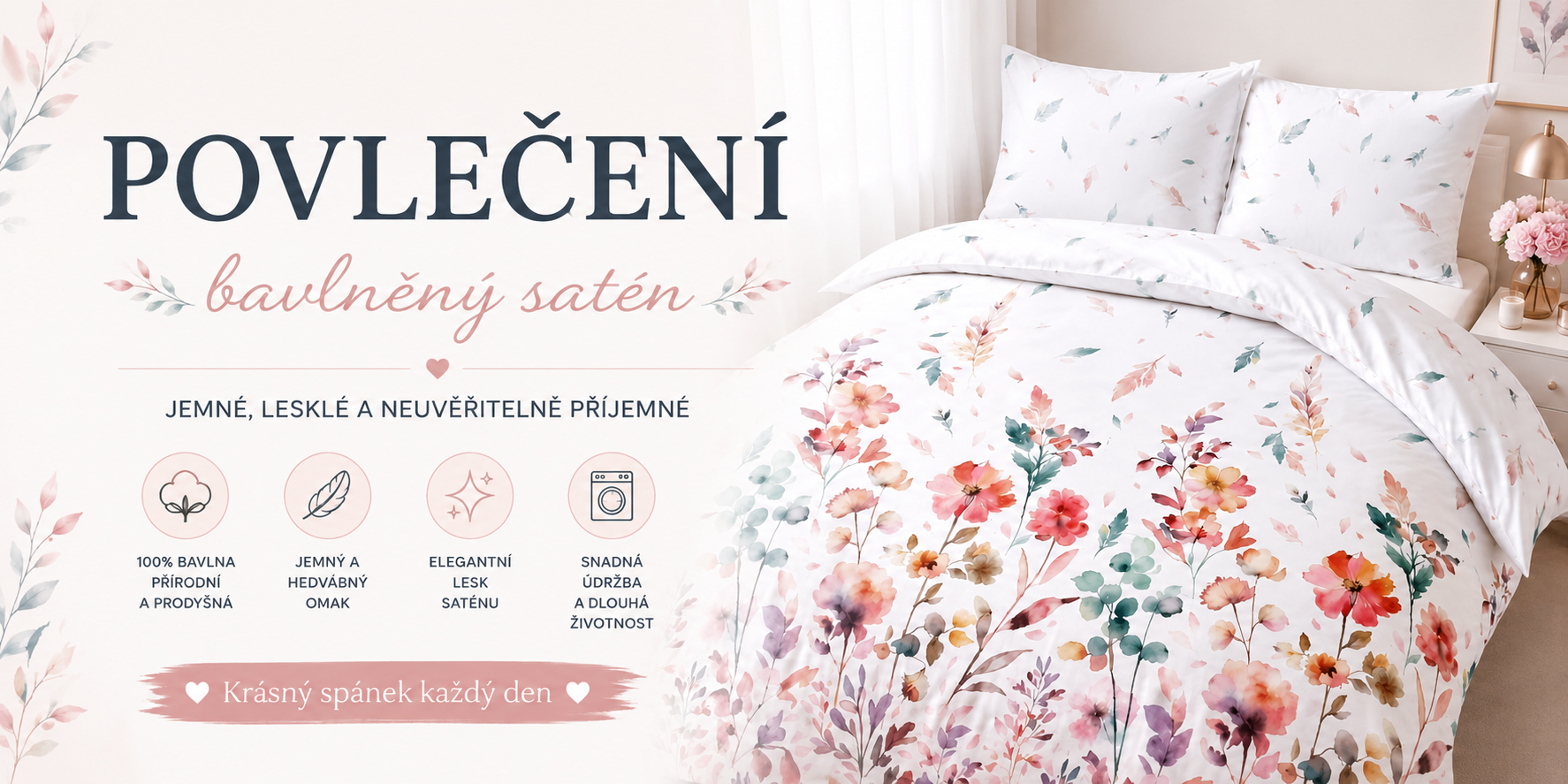 `Bavlněný satén s jemnými květinovými motivy pro elegantní ložnice, pohodlný spánek a luxusní vzhled postele`