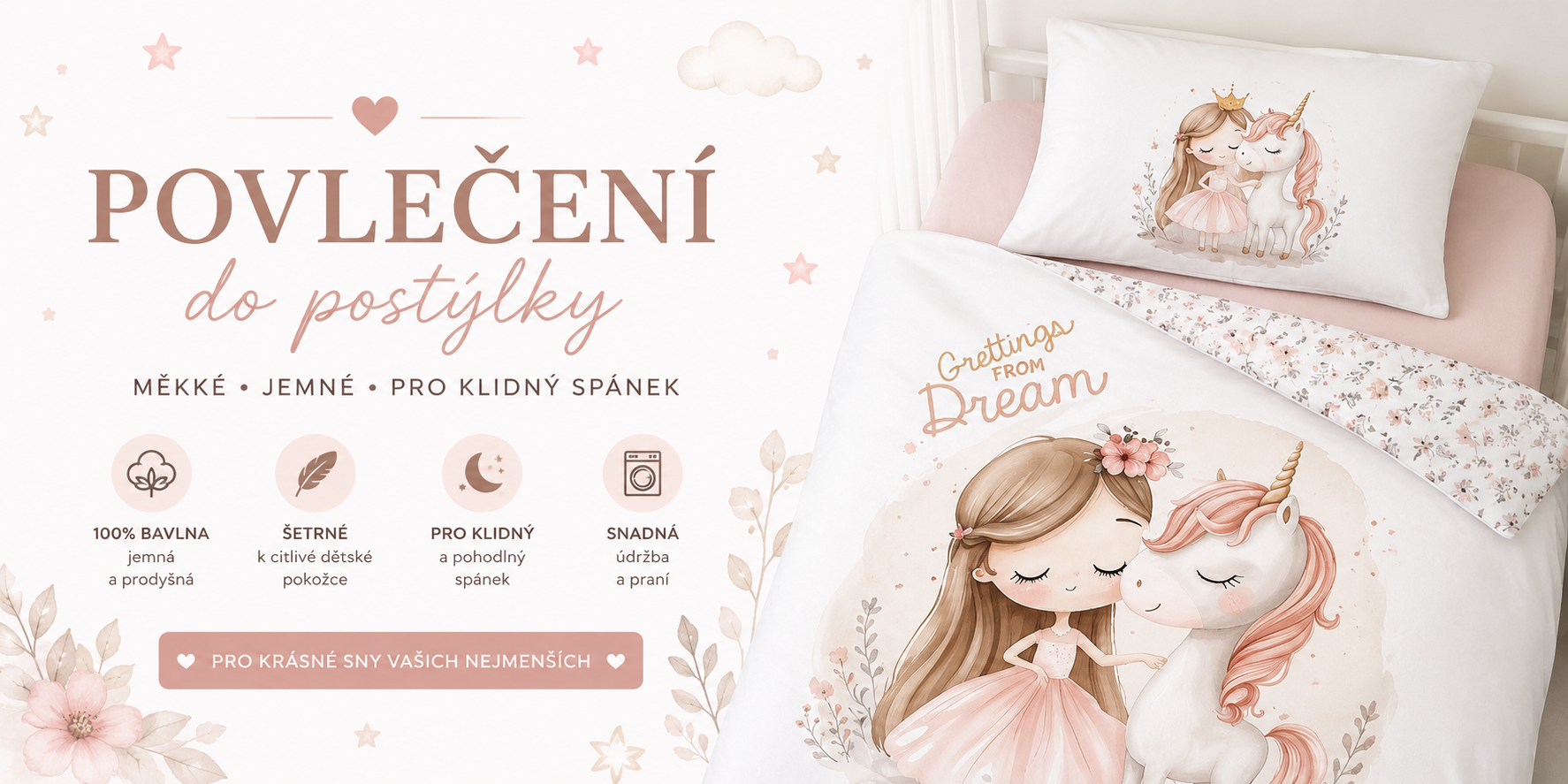 Jemné dětské povlečení s motivem holčičky a jednorožce v pastelových barvách pro klidný spánek miminek a dětí