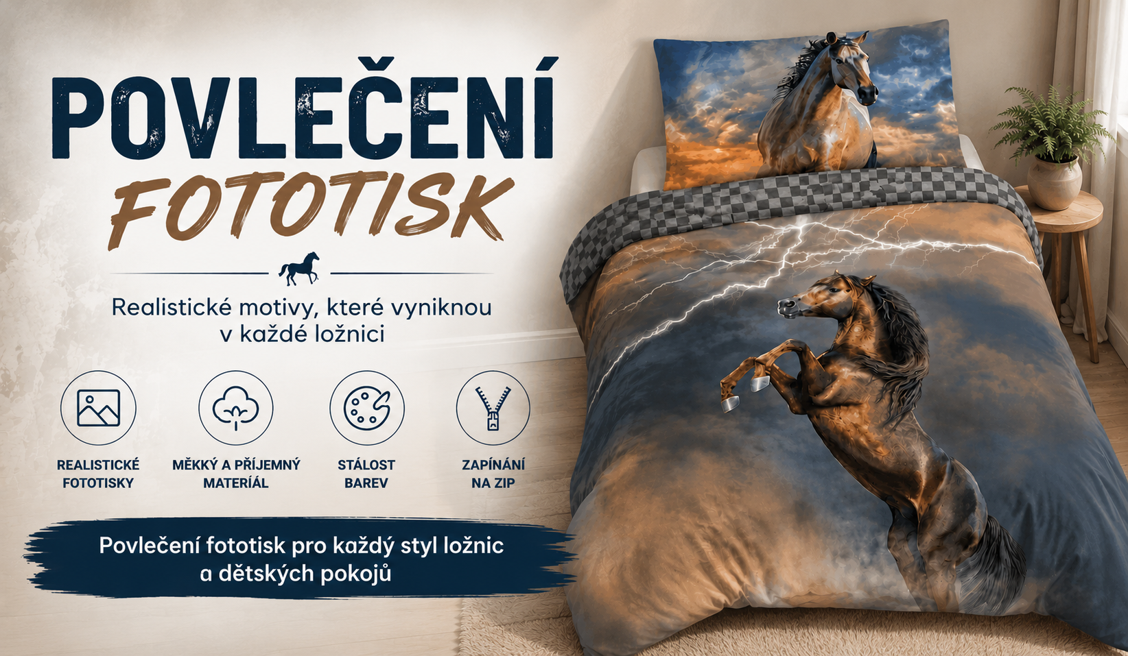 Povlečení fototisk s realistickými motivy zvířat, jako jsou koně, psi a kočky, sportu a dopravních prostředků pro moderní ložnice a dětské pokoje