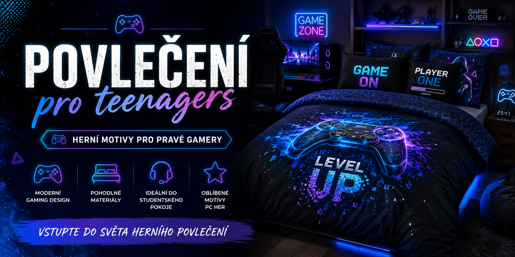 `Povlečení pro teenagery s herními motivy PC her, neonovým designem a moderním gaming stylem pro studentské pokoje a mladé hráče`
