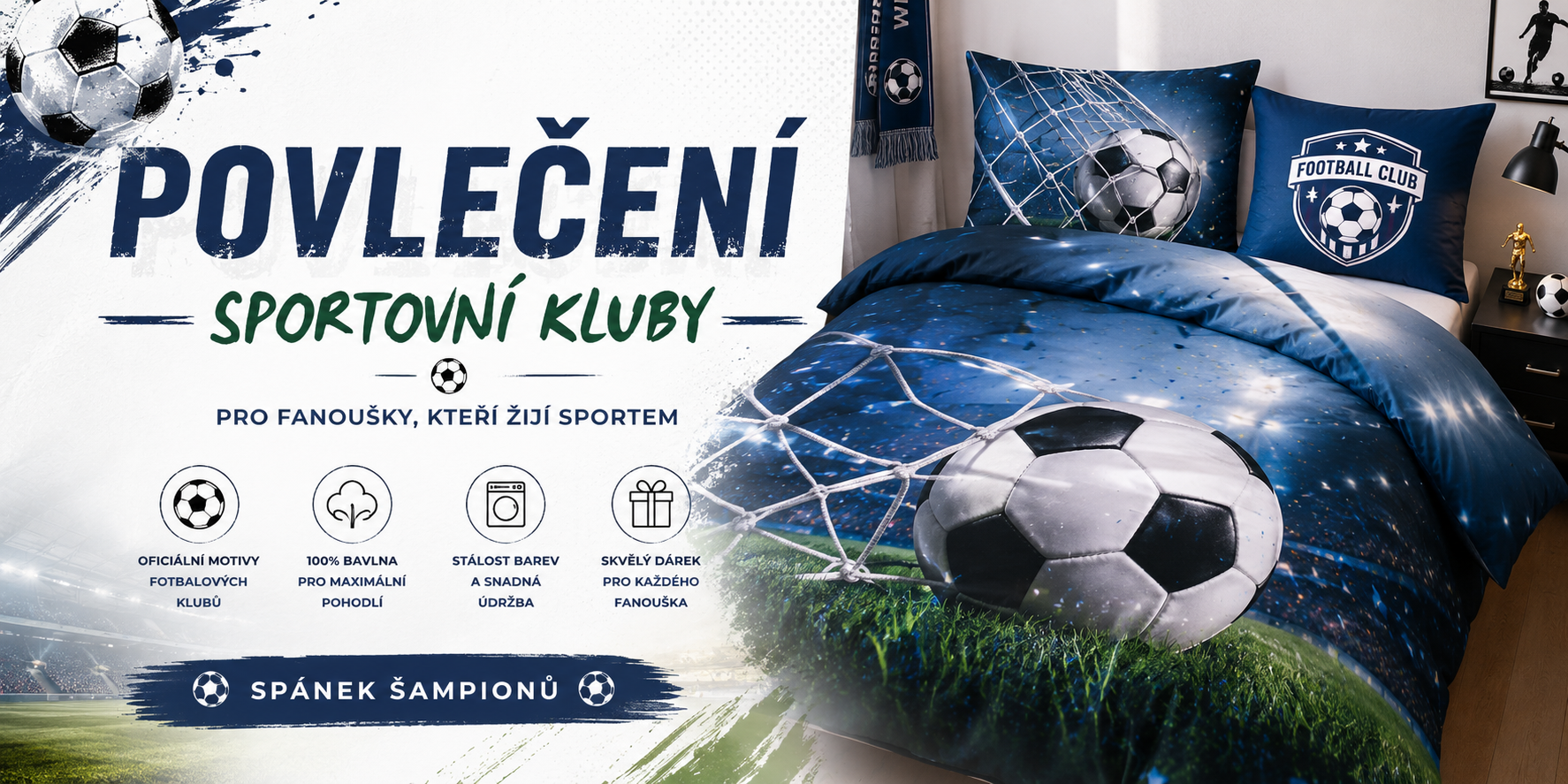 Povlečení se sportovními motivy a fotbalovými kluby pro fanoušky sportu, moderní dětské pokoje a stylové ložnice
