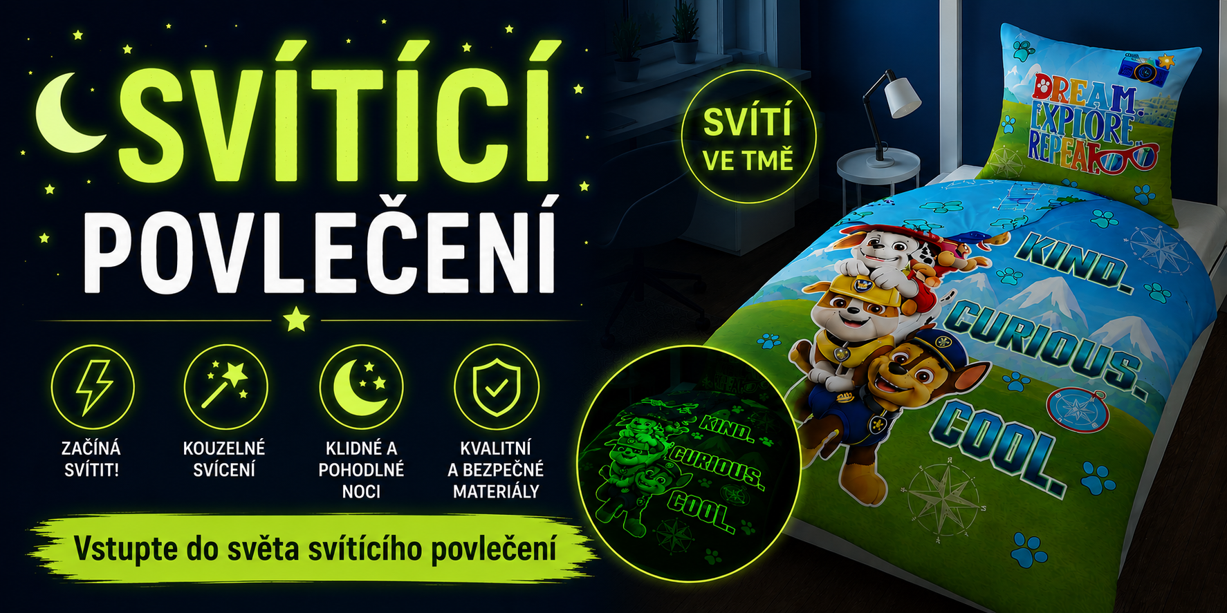 `Svítící dětské povlečení s efektem glow in the dark a motivem Tlapkové patroly pro kouzelný vzhled dětského pokoje ve dne i v noci`