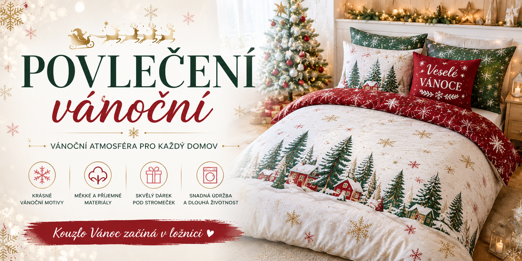 Vánoční povlečení s motivy zimy, vloček, stromečků a svátečních vzorů pro útulné ložnice, dětské pokoje i francouzské postele