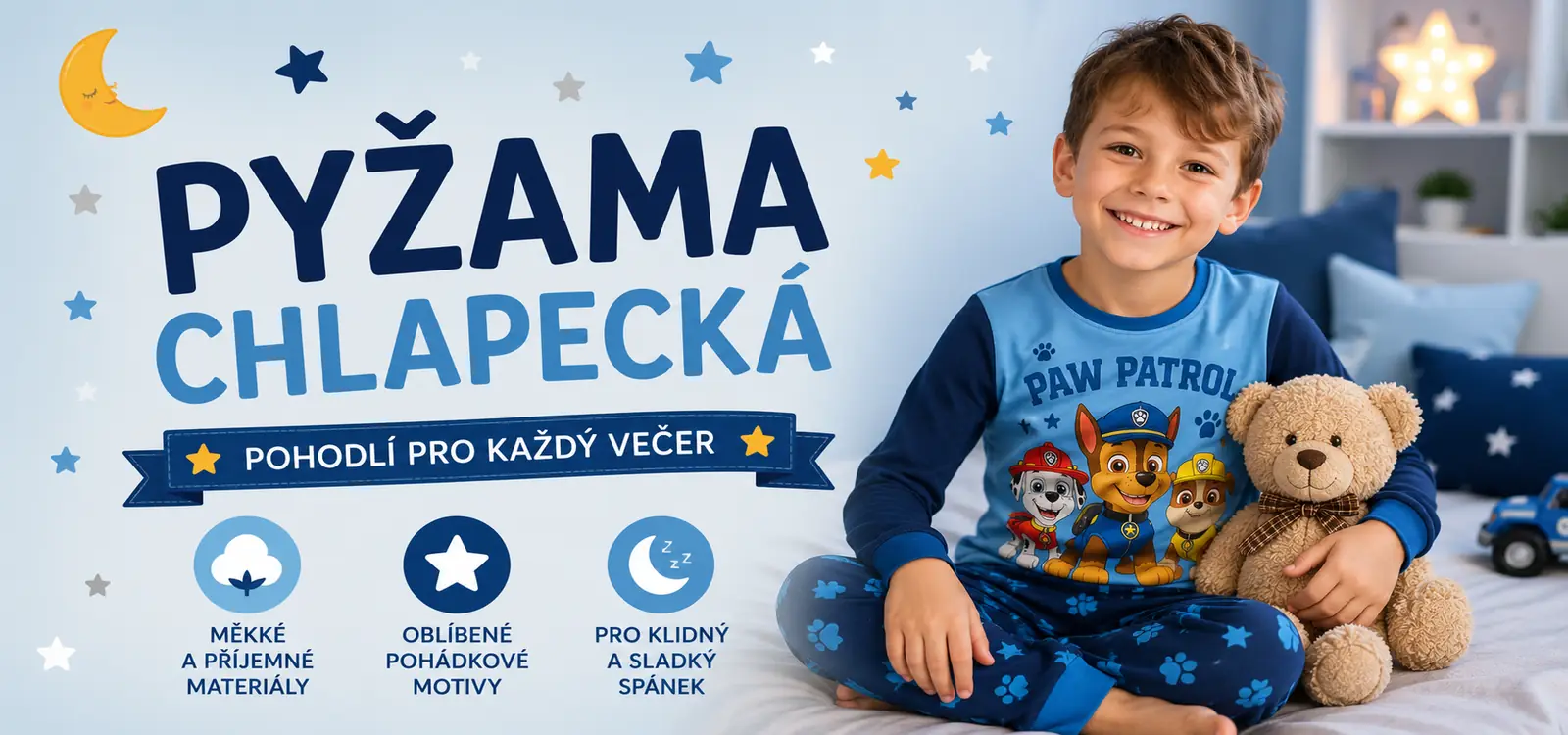 Chlapecká pyžama s oblíbenými pohádkovými a herními motivy zpříjemní každý večer i sladké sny malých dobrodruhů. Objevte pohodlná pyžamka s motivy Tlapkové patroly, Minecraftu, Stitch, Pokémonů, Cars, Avengers a dalších oblíbených hrdinů pro klidný spánek i domácí pohodu.