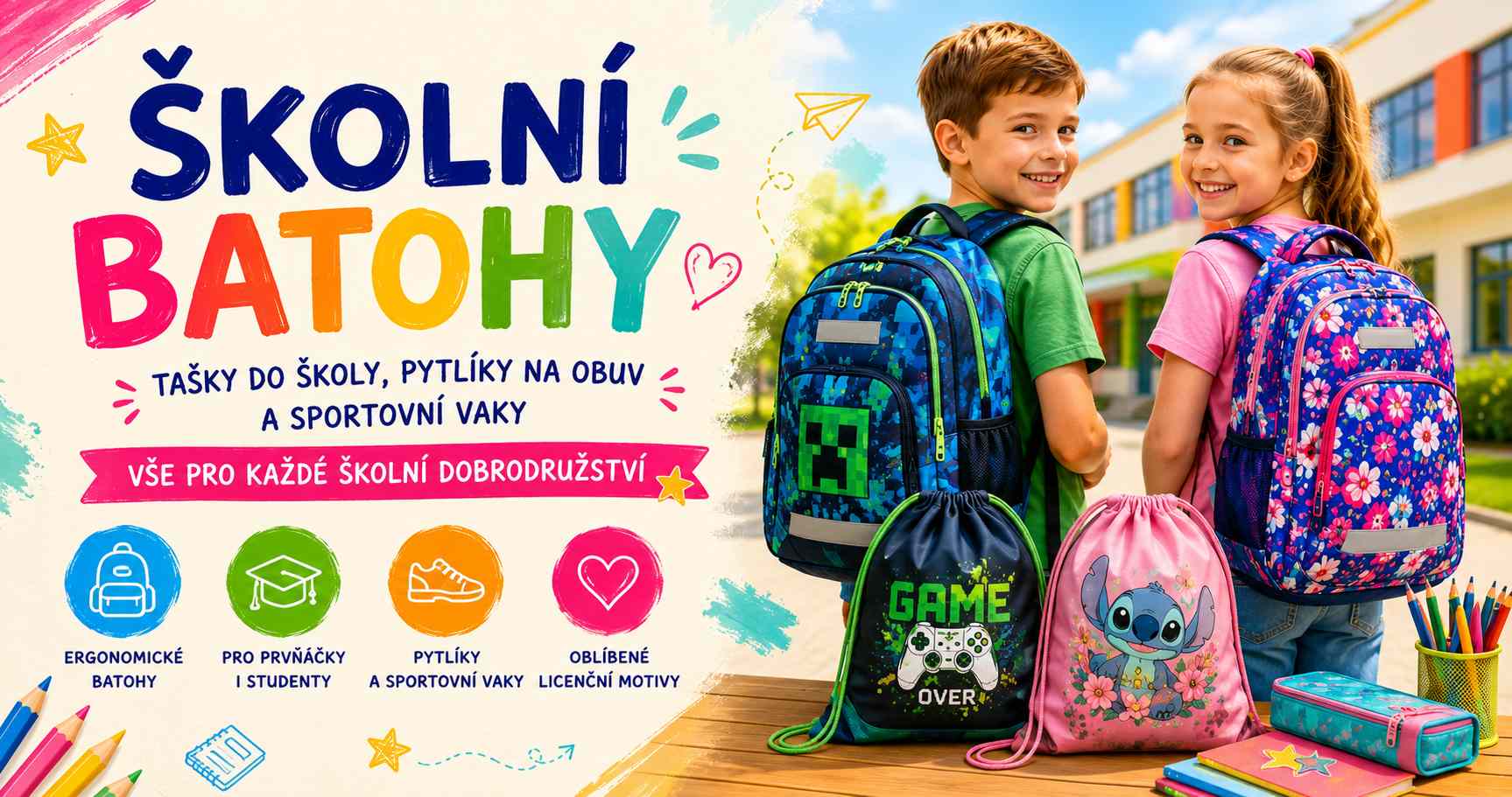 Školní batohy pro prvňáčky i školáky, tašky do školy, pytlíky na obuv a sportovní vaky s licenčními motivy.