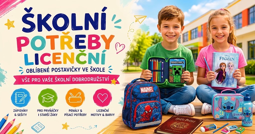 Kategorie Školní potřeby licenční – chlapec a dívka s batohy, penály a sešity oblíbených dětských hrdinů před školou