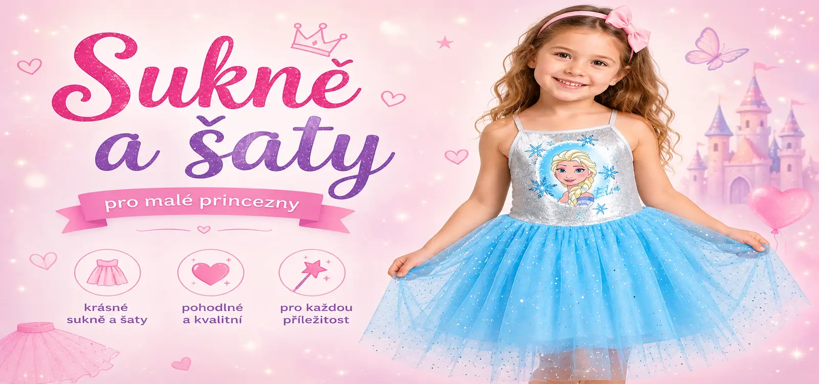 Dívčí sukně a šaty s pohádkovými motivy promění každý den v kouzelné dobrodružství. Objevte krásné a pohodlné šaty i sukýnky s motivy Frozen, Minnie, Stitch, Králíček Bing, princezen a dalších oblíbených postaviček, které si malé parádnice zamilují do školy, školky i na slavnostní příležitosti.